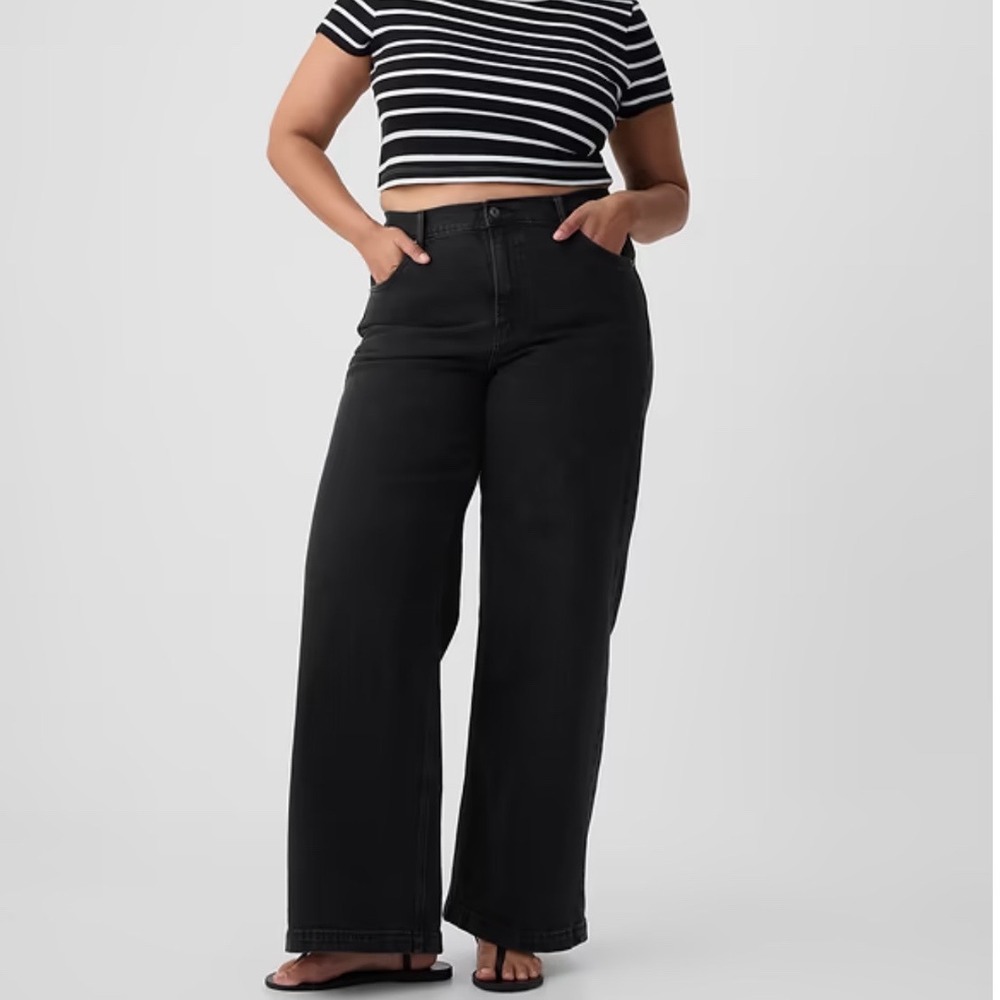 NWT Gap High Rise Stride Wide Leg Jeans Black Size 33 16R Stretch Feminine Curvy